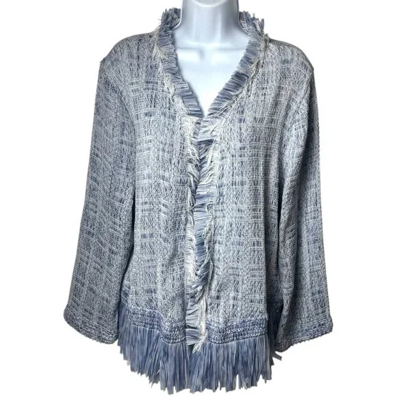 NEW WHBM Blue Tweed‎ Fringe Open Front Jacket Old Money Career Preppy XL